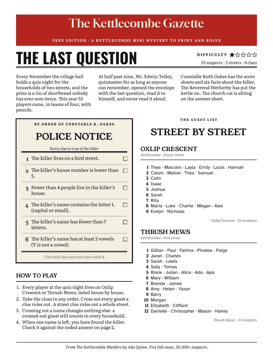 Page 1 of The Last Question: the Kettlecombe Gazette masthead, the story of the quiz night, a police notice with six clues and the guest list of two streets.